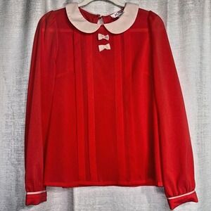 VTG FREEWAY  Coral Blouse Sz Medium with White Accents Bow button accents  MOD